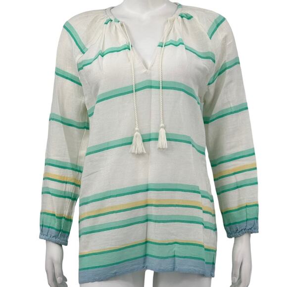 Joie‎ Top Womens XS Green Stripe Peasant Tunic Sheer Tassels Coastal Boho Beachy - Picture 1 of 8
